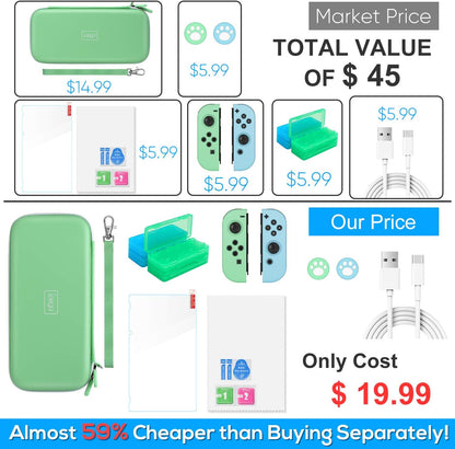 Switch Accessories Bundle -  12 in 1 Accessories Kit with Carrying Case, Screen Protector, Game Storage Case, Silicone Protective Case and Thumb Grip Cap Compatible with Joy-Con (Green)