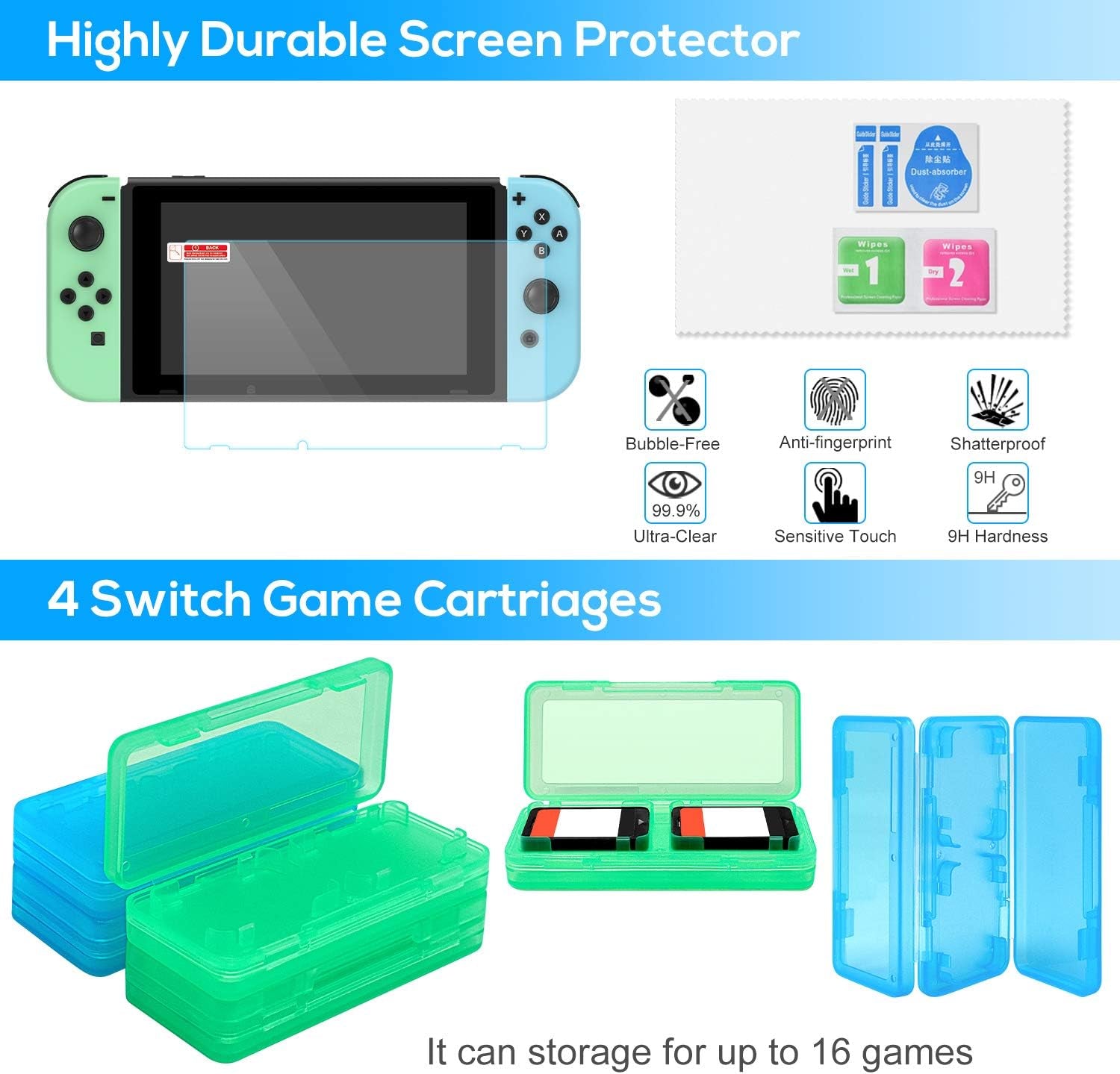 Switch Accessories Bundle -  12 in 1 Accessories Kit with Carrying Case, Screen Protector, Game Storage Case, Silicone Protective Case and Thumb Grip Cap Compatible with Joy-Con (Green)